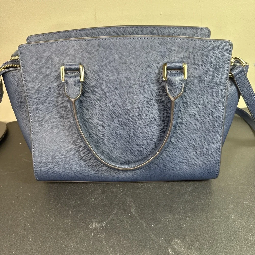 Michael Kors Jet Set Medium Saffiano Leather Satchel Navy Blue Gold Zip Tote